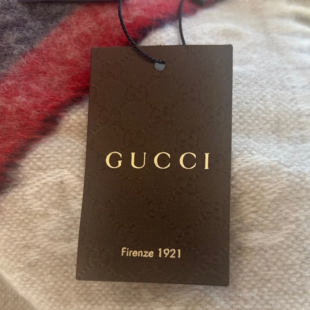 Gucci Nikky Scarf Wool Angora Monogram Stripe Fringe Italy Luxury Soft Classic